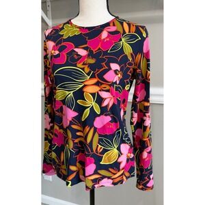 Lands End Navy Blue Pink Floral Long Sleeve Crewneck Jersey Top Womens M